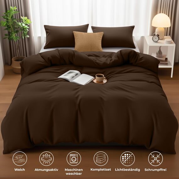 Utopia Bedding Bettwäsche 200x200 Set - Mikrofaser Bettbezug 200x200 cm + 2 Kissenbezüge 50x75 cm - Braun