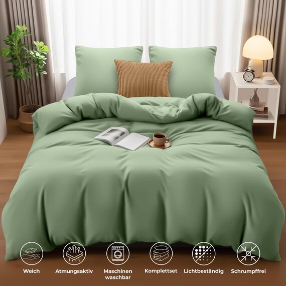 Utopia Bedding Bettwäsche 220x240 Set - Mikrofaser Bettbezug 240x220 cm + 2 Kissenbezüge 65x65 cm - Salbeigrün