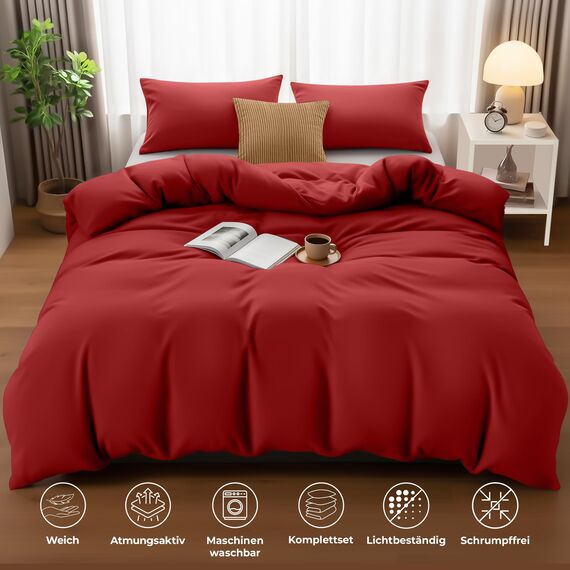Utopia Bedding Bettwäsche 200x200 Set - Mikrofaser Bettbezug 200x200 cm + 2 Kissenbezüge 50x75 cm - Rot