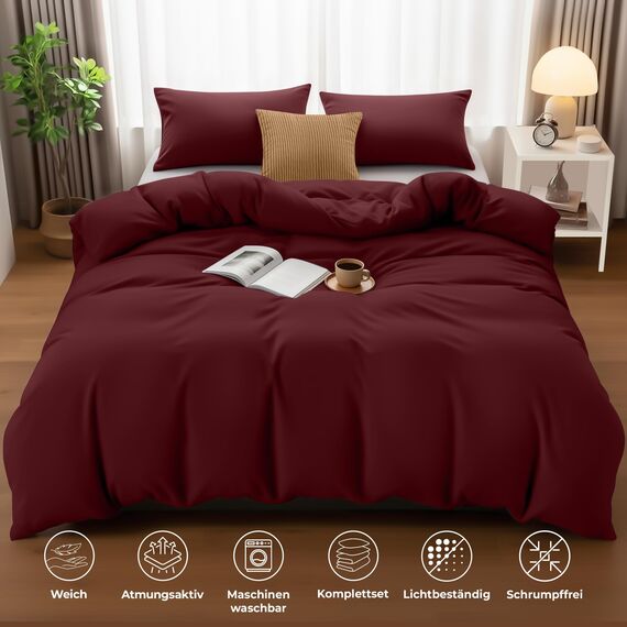 Utopia Bedding Bettwäsche 200x200 Set - Mikrofaser Bettbezug 200x200 cm + 2 Kissenbezüge 50x75 cm - Burgund