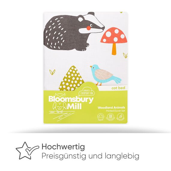 Bloomsbury Mill - Kinderbettwäsche 135x200 - Herbst Waldtiere - Bettwäsche 135x200 Kinder Set für Mädchen und Jungen - Wendebettwäsche und Kissenbezug - Eule, Fuchs & Hirsch Einzelbettwäsche-Set
