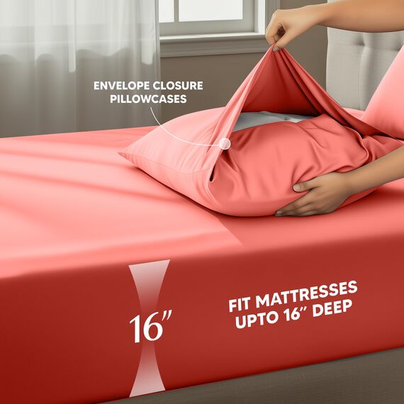 Utopia Bedding Bettwäscheset, 4-teilig, gebürstete Mikrofaser, schrumpft und lichtbeständig, pflegeleicht (Voll, Koralle)