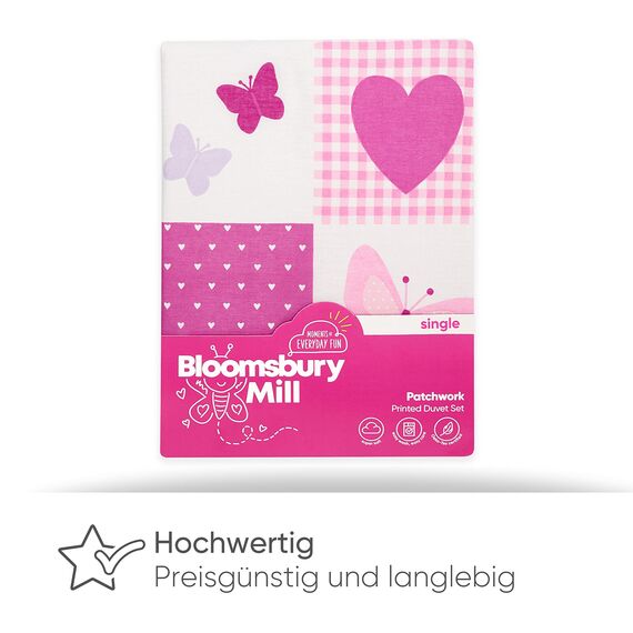 Bloomsbury Mill - Kinderbettwäsche 135x200 - Herzen & Schmetterlingen - Bettwäsche Mädchen 135x200 - Kinder Wendebettwäsche und Kissenbezug Set - Rosa & Lila Einzelbettwäsche-Set