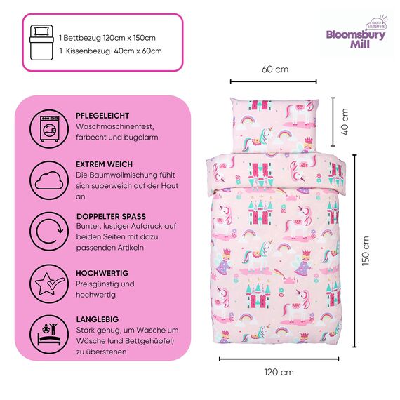 Bloomsbury Mill - Kinderbettwäsche 120 x 150cm Einhorn, Prinzessin und Regenbögen für Kinder - Baby Bettwäsche Mädchen - Rosa & Lila Wendebettwäsche und Kissenbezug-Set für Kleinkinder & Babybetten