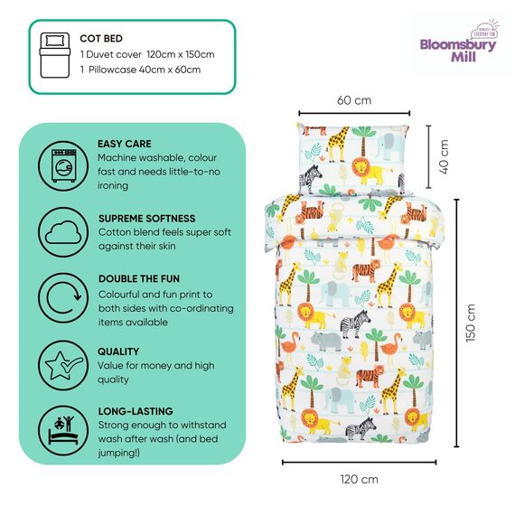 Bloomsbury Mill - Kinderbettwäsche 120 x 150cm Safari Tiere für Kinder - Baby Bettwäsche Mädchen und Jungen - Zoo Tiere & Dschungel Wendebettwäsche und Kissenbezug-Set für Kleinkinder & Babybetten