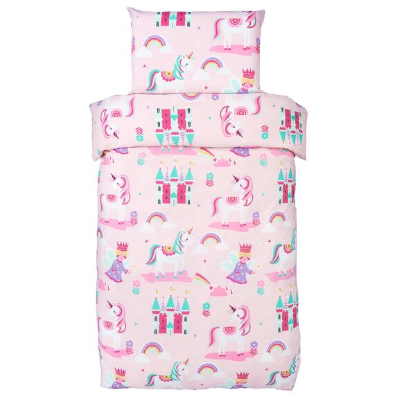 Bloomsbury Mill - Kinderbettwäsche 120 x 150cm Einhorn, Prinzessin und Regenbögen für Kinder - Baby Bettwäsche Mädchen - Rosa & Lila Wendebettwäsche und Kissenbezug-Set für Kleinkinder & Babybetten