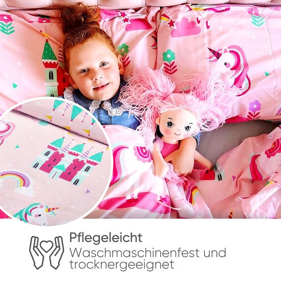 Bloomsbury Mill - Kinderbettwäsche 120 x 150cm Einhorn, Prinzessin und Regenbögen für Kinder - Baby Bettwäsche Mädchen - Rosa & Lila Wendebettwäsche und Kissenbezug-Set für Kleinkinder & Babybetten