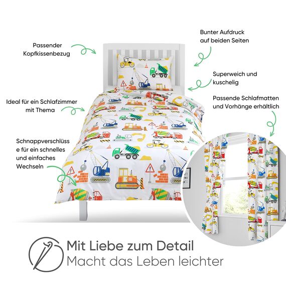 Bloomsbury Mill - Kinderbettwäsche 135x200 - Bagger Bettwäsche 135x200 Kinder Set für Jungen - Baustelle Auto - Wendebettwäsche und Kissenbezug - Einzelbettwäsche-Set