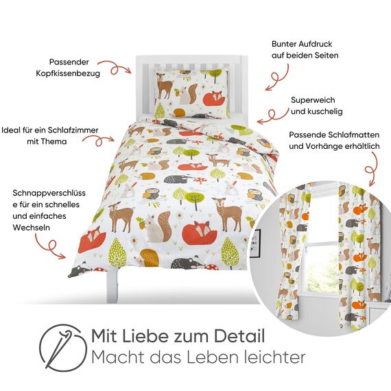Bloomsbury Mill - Kinderbettwäsche 135x200 - Herbst Waldtiere - Bettwäsche 135x200 Kinder Set für Mädchen und Jungen - Wendebettwäsche und Kissenbezug - Eule, Fuchs & Hirsch Einzelbettwäsche-Set