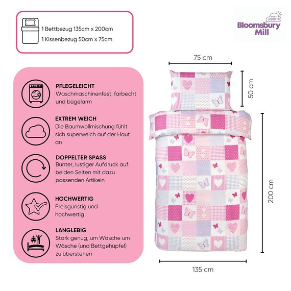 Bloomsbury Mill - Kinderbettwäsche 135x200 - Herzen & Schmetterlingen - Bettwäsche Mädchen 135x200 - Kinder Wendebettwäsche und Kissenbezug Set - Rosa & Lila Einzelbettwäsche-Set