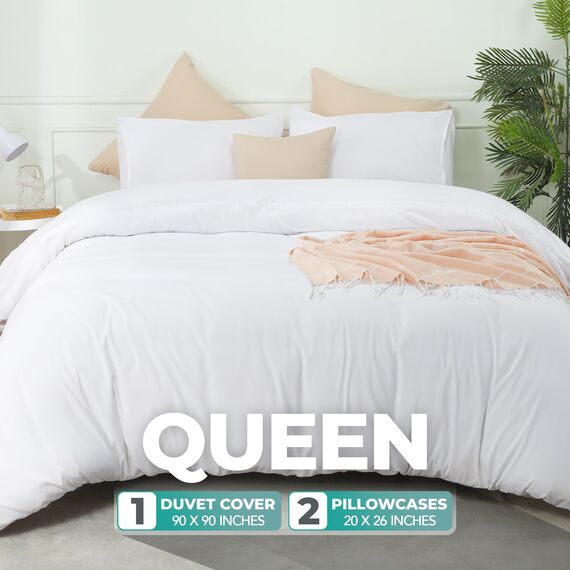 Utopia Bedding Bettbezug-Set mit Kissenbezügen – 3-teiliges Bettwäsche-Set mit Reißverschluss – 1 Bettbezug mit 2 Kissenbezügen – weich gebürstete Mikrofaser (Queensize, Weiß)