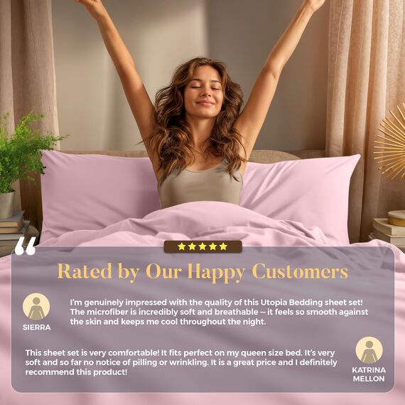 Utopia Bedding Bettwäscheset, 4-teilig, gebürstete Mikrofaser, schrumpft und lichtbeständig, pflegeleicht (Full, Rosa)