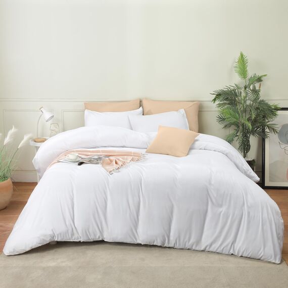 Utopia Bedding Bettbezug-Set mit Kissenbezügen – 3-teiliges Bettwäsche-Set mit Reißverschluss – 1 Bettbezug mit 2 Kissenbezügen – weich gebürstete Mikrofaser (Queensize, Weiß)