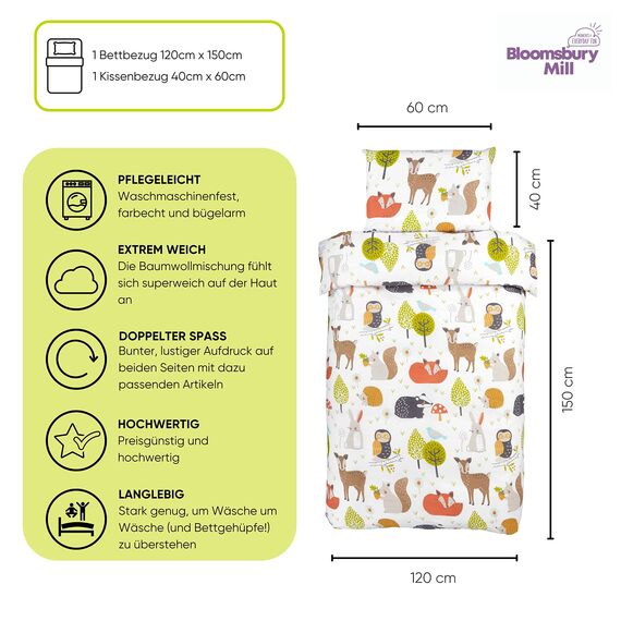 Bloomsbury Mill - Kinderbettwäsche 135x200 - Herbst Waldtiere - Bettwäsche 135x200 Kinder Set für Mädchen und Jungen - Wendebettwäsche und Kissenbezug - Eule, Fuchs & Hirsch Einzelbettwäsche-Set