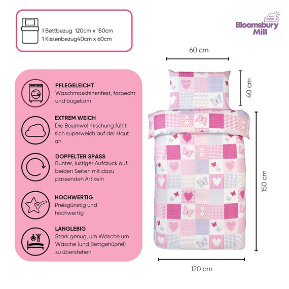 Bloomsbury Mill - Kinderbettwäsche 120 x 150cm Herzen & Schmetterlingen für Kinder - Baby Bettwäsche Mädchen - Rosa & Lila Wendebettwäsche und Kissenbezug-Set für Kleinkinder & Babybetten
