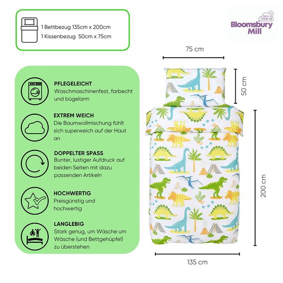 Bloomsbury Mill - Kinderbettwäsche 135x200 - Dinosaurier - Bettwäsche 135x200 Kinder Set für Mädchen und Jungen - Dino Wendebettwäsche und Kissenbezug - Einzelbettwäsche-Set
