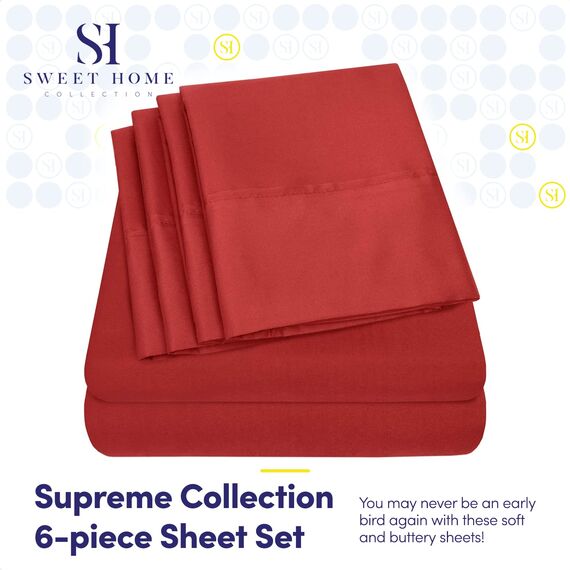 Sweet Home Collection 6-teiliges 1500 Supreme Collection, gebürstete Mikrofaser, tiefes Bettlaken-Set, 2 zusätzliche Kissenbezüge, tolles Preis-Leistungs-Verhältnis, kurzes Queen-Size-Bett, Samba-Rot