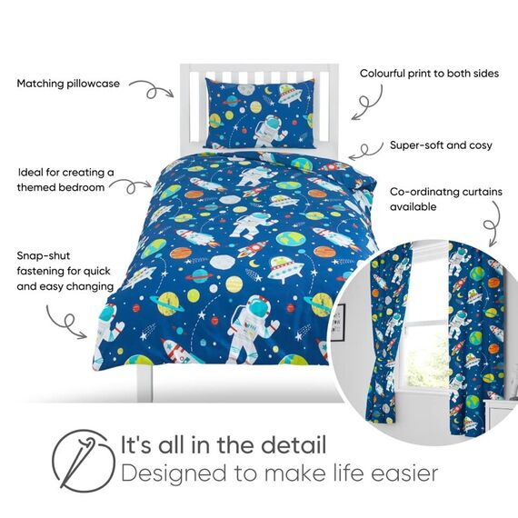 Bloomsbury Mill - Kinderbettwäsche 135x200 - Weltraum & Astronaut - Bettwäsche 135x200 Kinder Set für Mädchen und Jungen - Raketedesign Wendebettwäsche und Kissenbezug - Blau Einzelbettwäsche-Set