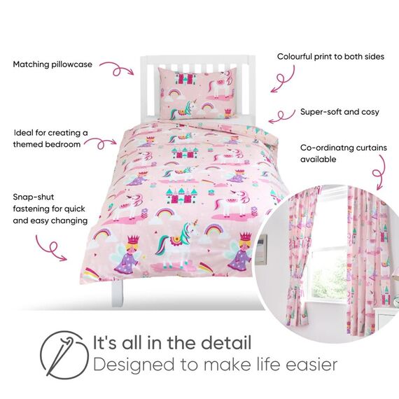 Bloomsbury Mill - Magisches Einhorn, Märchenprinzessin und verzaubertes Schloss - Rosa - Zwei Kissenbezüge (zusätzlich) - 50cm x 75cm
