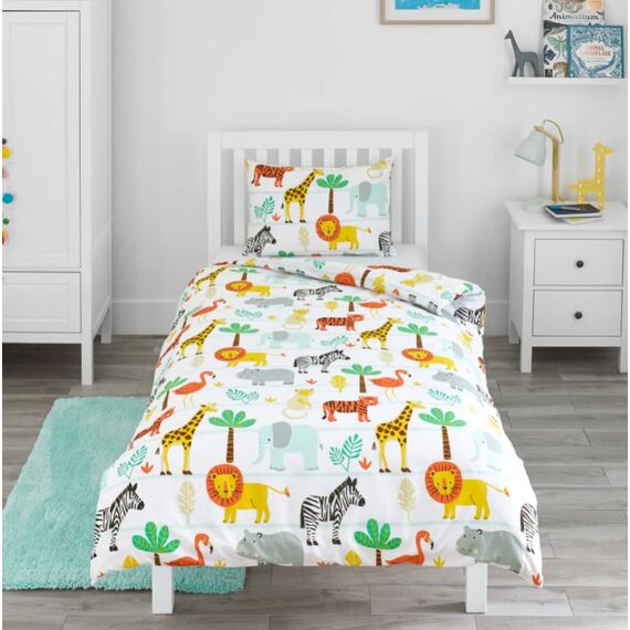Bloomsbury Mill - Kinderbettwäsche 135x200 - Safari Tiere - Bettwäsche 135x200 Kinder Set für Mädchen und Jungen - Wendebettwäsche und Kissenbezug - Zoo Tiere & Dschungel Einzelbettwäsche-Set