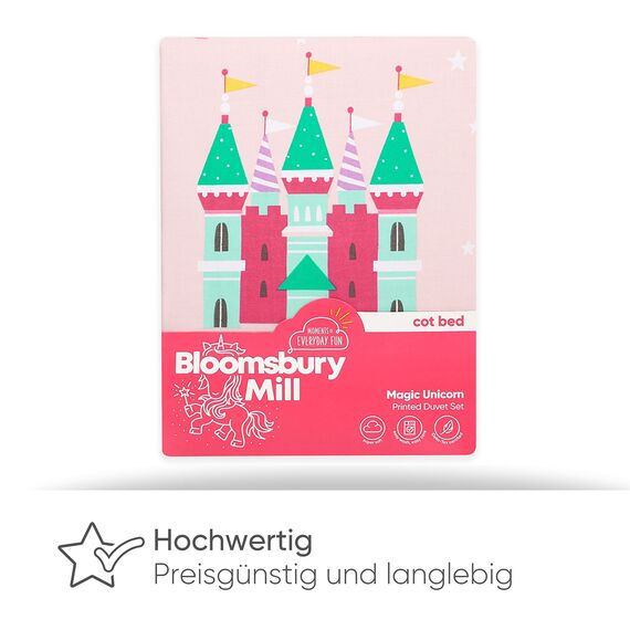 Bloomsbury Mill - Kinderbettwäsche 120 x 150cm Einhorn, Prinzessin und Regenbögen für Kinder - Baby Bettwäsche Mädchen - Rosa & Lila Wendebettwäsche und Kissenbezug-Set für Kleinkinder & Babybetten