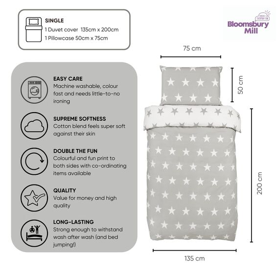 Bloomsbury Mill - Kinderbettwäsche 135x200 - Grau und Weiß Sterne - Bettwäsche 135x200 Kinder Set für Mädchen und Jungen - Wendebettwäsche und Kissenbezug - Einzelbettwäsche-Set