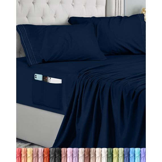 Utopia Bedding Bettlaken Set (4 Teilige, Marineblau), Polyester Mikrofaser, Oeko-Tex Zertifiziert, Spannbettlaken 180x200, Bettlaken 270x290, 2 Bestickten Kissenbezüge 50x75