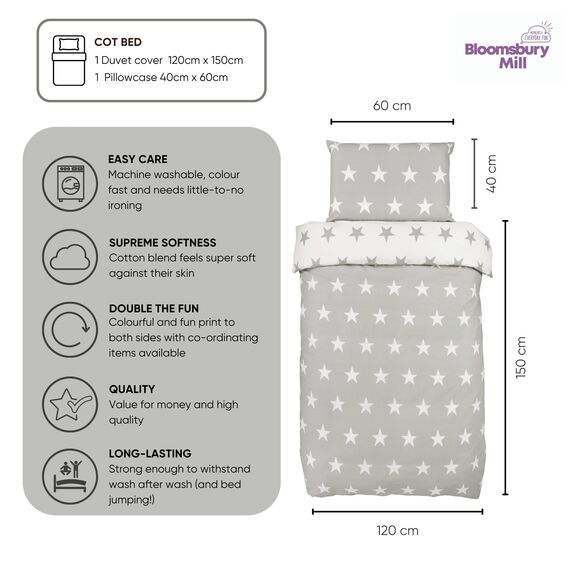 Bloomsbury Mill - Kinderbettwäsche 120 x 150cm Sterne für Kinder - Baby Bettwäsche Mädchen und Jungen – Grau und Weiß Wendebettwäsche und Kissenbezug-Set für Kleinkinder & Babybetten