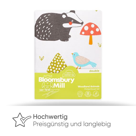 Bloomsbury Mill - Bettwäsche 200 x 200 cm Waldtiere für Kinder – Doppelbett Bettwäscheset für Jungen und Mädchen – Eule, Fuchs & Hirsch Wendebettwäsche und 2 Kissenbezug Set