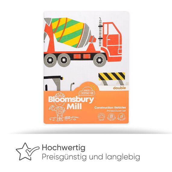 Bloomsbury Mill - Bettwäsche 200 x 200 cm Bagger Thema für Kinder - Doppelbett-Bettwäscheset Fahrzeuge für Jungen und Mädchen- Wendebettwäsche - und 2 Kissenbezug Set