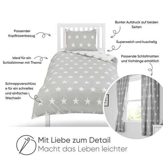 Bloomsbury Mill - Bettwäsche 200 x 200 cm Sterne für Kinder – Doppelbett Bettwäscheset für Jungen und Mädchen – Grau/Weiß Wendebettwäsche und 2 Kissenbezug Set