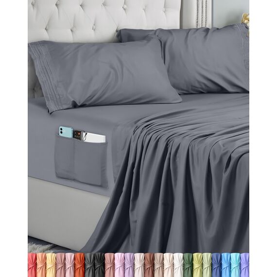 Utopia Bedding Bettlaken Set (4 Teilige, Grau), Polyester Mikrofaser, Oeko-Tex Zertifiziert, Spannbettlaken 150x200, Bettlaken 266x259, 2 Bestickten Kissenbezüge 50x75