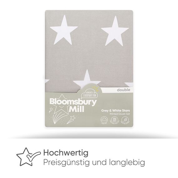 Bloomsbury Mill - Bettwäsche 200 x 200 cm Sterne für Kinder – Doppelbett Bettwäscheset für Jungen und Mädchen – Grau/Weiß Wendebettwäsche und 2 Kissenbezug Set