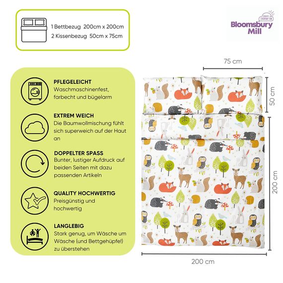 Bloomsbury Mill - Bettwäsche 200 x 200 cm Waldtiere für Kinder – Doppelbett Bettwäscheset für Jungen und Mädchen – Eule, Fuchs & Hirsch Wendebettwäsche und 2 Kissenbezug Set
