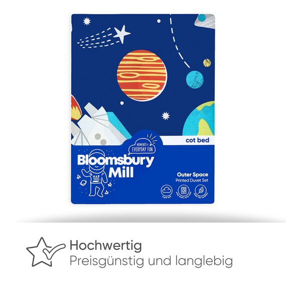 Bloomsbury Mill - Kinderbettwäsche 120 x 150cm Weltraum, Astronaut & Raketen für Kinder - Baby Bettwäsche Mädchen und Jungen – Blau Wendebettwäsche und Kissenbezug-Set für Kleinkinder & Babybetten