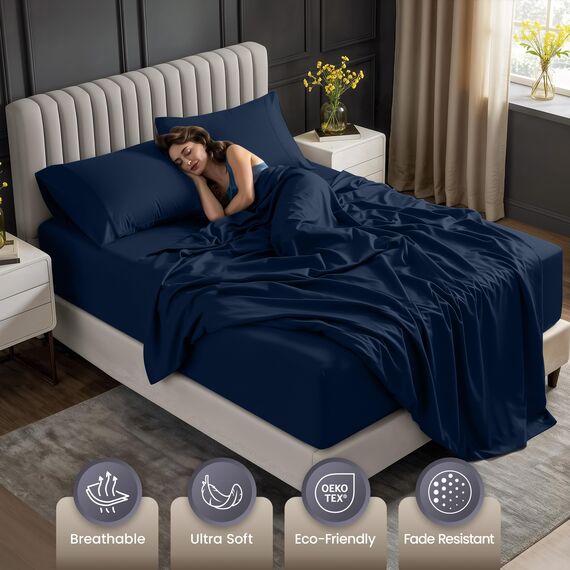 Bettlaken-Set für Doppelbetten von Utopia Bedding: Weiche Mikrofaser, 4-teilig, Hotel-Luxus-Bettlaken mit tiefen Taschen, bestickte Kissenbezüge, Spannbettlaken mit seitlicher Aufbewahrungstasche,