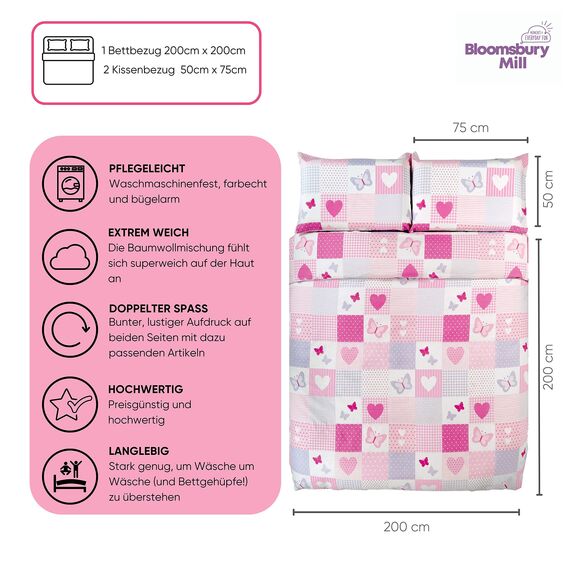 Bloomsbury Mill - Bettwäsche 200 x 200 cm Herzen & Schmetterlingen für Kinder – Doppelbett Bettwäscheset für Mädchen – Rosa & Lila Wendebettwäsche und 2 Kissenbezug Set