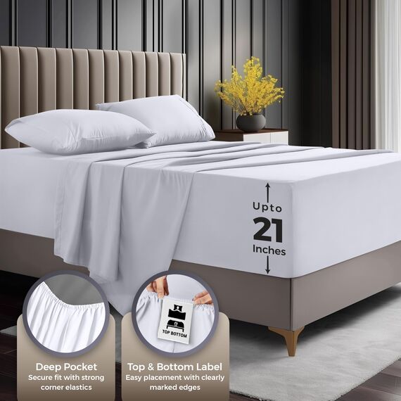 Bettlaken-Set für Doppelbetten von Utopia Bedding: Weiche Mikrofaser, 4-teiliges Hotel-Luxus-Bettlaken-Set mit tiefen Taschen, bestickten Kissenbezügen, Spannbettlaken mit seitlicher