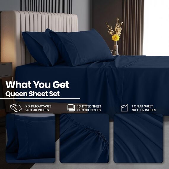 Bettlaken-Set für Doppelbetten von Utopia Bedding: Weiche Mikrofaser, 4-teilig, Hotel-Luxus-Bettlaken mit tiefen Taschen, bestickte Kissenbezüge, Spannbettlaken mit seitlicher Aufbewahrungstasche,