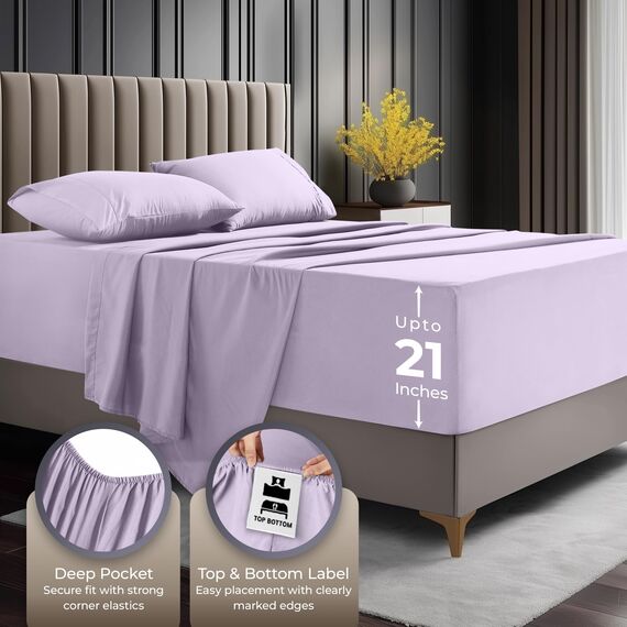 Utopia Bedding Bettlaken-Set, weiche Mikrofaser, 4-teilig, Hotel-Luxus-Bettlaken mit tiefen Taschen, bestickte Kissenbezüge, seitliche Aufbewahrungstasche, Spannbetttuch (Queensize, Lavendel)