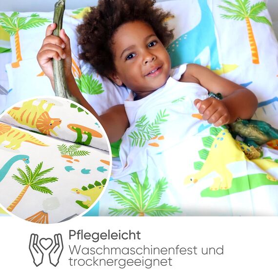 Bloomsbury Mill - Kinderbettwäsche 120 x 150cm Dinosaurier für Kinder - Baby Bettwäsche Mädchen und Jungen – Jurassic Dino Wendebettwäsche und Kissenbezug-Set für Kleinkinder & Babybetten