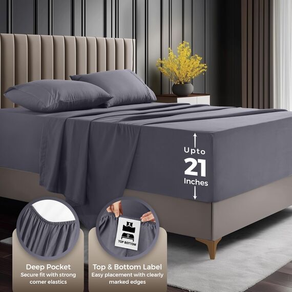 Bettlaken-Set von Utopia Bedding für Doppelbetten: Weiche Mikrofaser, 4-teiliges Hotel-Luxus-Bettlaken-Set mit tiefen Taschen, bestickten Kissenbezügen, Spannbettlaken mit seitlicher