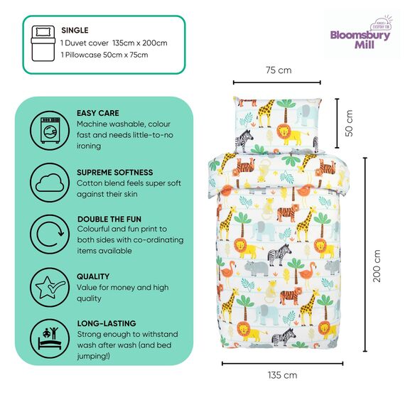 Bloomsbury Mill - Kinderbettwäsche 135x200 - Safari Tiere - Bettwäsche 135x200 Kinder Set für Mädchen und Jungen - Wendebettwäsche und Kissenbezug - Zoo Tiere & Dschungel Einzelbettwäsche-Set