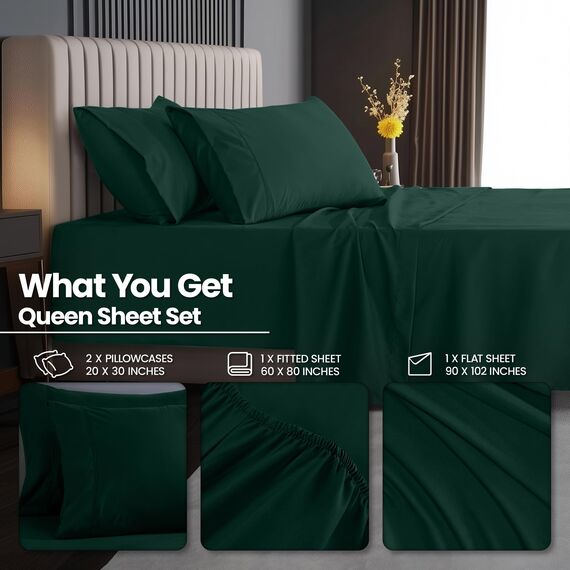 Bettlaken-Set für Doppelbetten von Utopia Bedding: Weiche Mikrofaser, 4-teilig, Hotel-Luxus-Bettlaken mit tiefen Taschen, bestickten Kissenbezügen, Spannbettlaken mit seitlicher Aufbewahrungstasche,