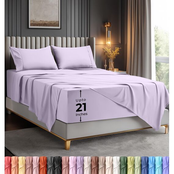 Utopia Bedding Bettlaken-Set, weiche Mikrofaser, 4-teilig, Hotel-Luxus-Bettlaken mit tiefen Taschen, bestickte Kissenbezüge, seitliche Aufbewahrungstasche, Spannbetttuch (Queensize, Lavendel)