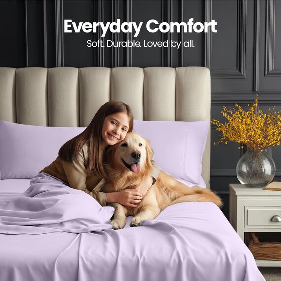 Utopia Bedding Bettlaken-Set, weiche Mikrofaser, 4-teilig, Hotel-Luxus-Bettlaken mit tiefen Taschen, bestickte Kissenbezüge, seitliche Aufbewahrungstasche, Spannbetttuch (Queensize, Lavendel)