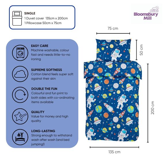 Bloomsbury Mill - Kinderbettwäsche 135x200 - Weltraum & Astronaut - Bettwäsche 135x200 Kinder Set für Mädchen und Jungen - Raketedesign Wendebettwäsche und Kissenbezug - Blau Einzelbettwäsche-Set