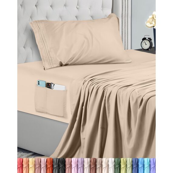 Utopia Bedding Bettlaken Set (3 Teilige, Beige), Polyester Mikrofaser, Oeko-TEX Zertifiziert, Spannbettlaken 90x190, Bettlaken 167x243, 1 Bestickten Kissenbezug 50x75