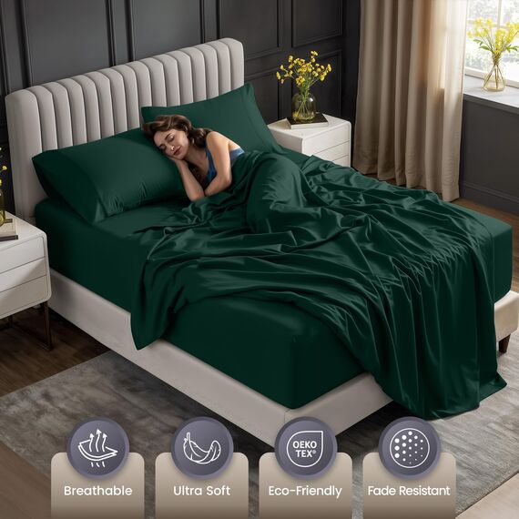 Bettlaken-Set für Doppelbetten von Utopia Bedding: Weiche Mikrofaser, 4-teilig, Hotel-Luxus-Bettlaken mit tiefen Taschen, bestickten Kissenbezügen, Spannbettlaken mit seitlicher Aufbewahrungstasche,