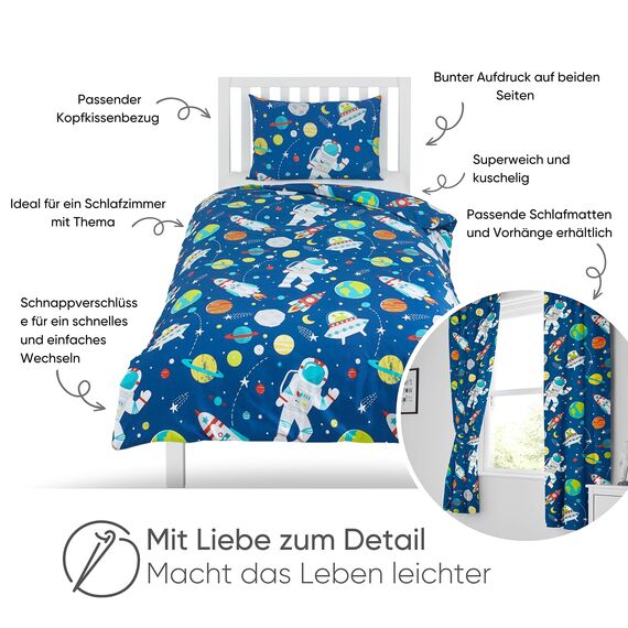 Bloomsbury Mill - Kinderbettwäsche 120 x 150cm Weltraum, Astronaut & Raketen für Kinder - Baby Bettwäsche Mädchen und Jungen – Blau Wendebettwäsche und Kissenbezug-Set für Kleinkinder & Babybetten